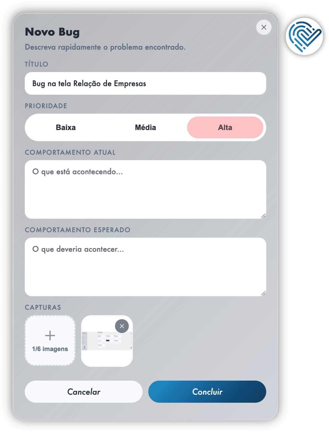 Formulário Novo Bug da Issuly Capture: título, prioridade, comportamento atual e esperado, e capturas